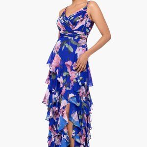 NWT Xscape Madelyn Asymmetric Ruffle Tier Floral Maxi Evening Dress blue blush